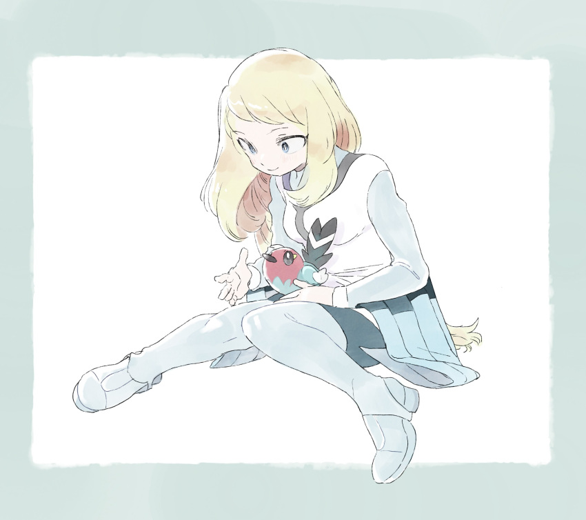 1girl absurdres bangs bird blonde_hair breasts bright_pupils closed_mouth commentary_request fletchling gen_6_pokemon grey_eyes hagetapo highres knees_together_feet_apart long_hair long_sleeves looking_down pokemon pokemon_(creature) pokemon_adventures shoes smile stirrup_legwear thigh-highs toeless_legwear white_pupils yvonne_gabena