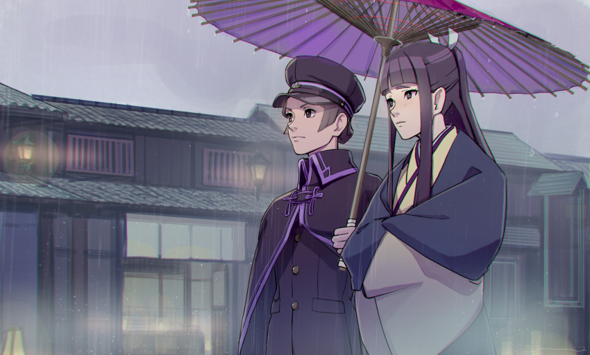 2girls ayu161 bangs black_eyes black_hair black_headwear black_jacket blunt_bangs building cloak closed_mouth crossdressinging dai_gyakuten_saiban dai_gyakuten_saiban_2 grey_sky gyakuten_saiban hat highres holding holding_umbrella jacket japanese_clothes kimono looking_away mikotoba_susato multiple_girls murasame_haori oil-paper_umbrella outdoors purple_cloak rain short_hair sidelocks umbrella wide_sleeves yellow_kimono