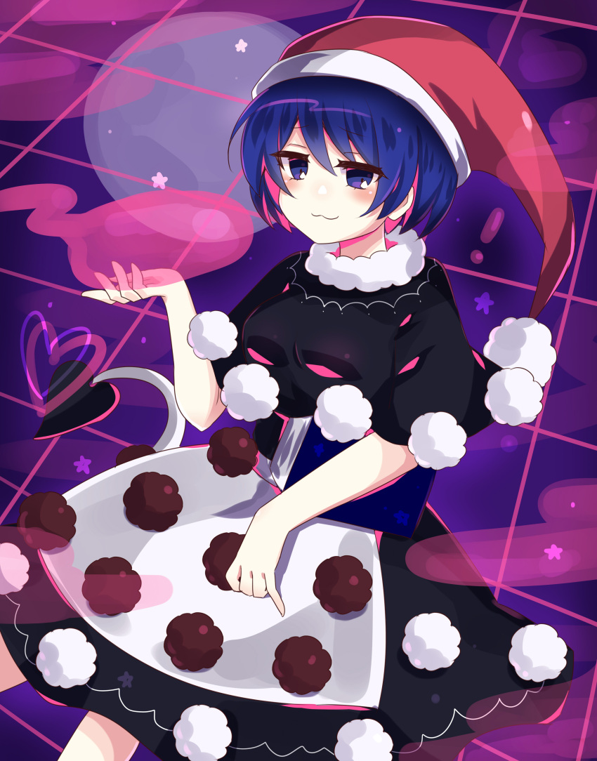 ! 1girl :3 absurdres black_dress blue_eyes blue_hair blush book breasts capelet doremy_sweet dream_soul dream_world_(touhou) dress eyebrows_visible_through_hair hair_between_eyes hat heart highres large_breasts one-hour_drawing_challenge pom_pom_(clothes) red_headwear smile solo star_(symbol) subaru_(subachoco) tail tapir_tail touhou