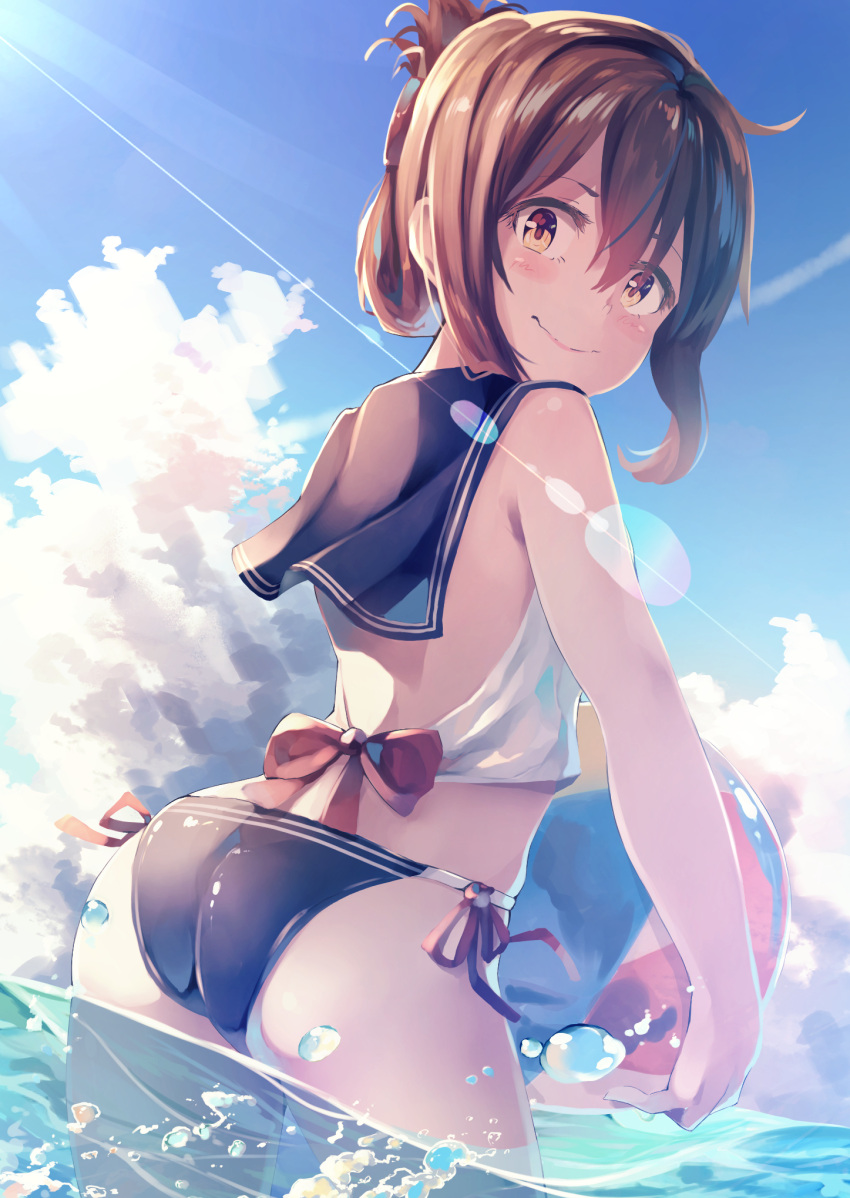 1girl adapted_costume ball beachball bikini black_bikini blush brown_eyes brown_hair closed_mouth clouds cloudy_sky cowboy_shot day folded_ponytail from_behind hair_between_eyes highres holding holding_ball holding_beachball inazuma_(kancolle) kantai_collection long_hair looking_back ocean sky smile solo swimsuit taisho_(gumiyuki) water