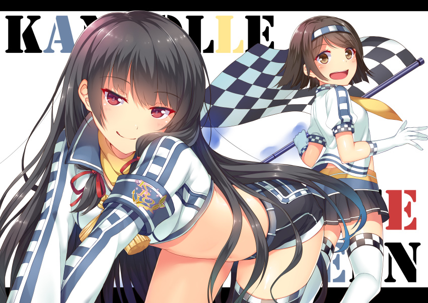 2girls :d :q absurdres bangs black_hair brown_eyes brown_hair checkered checkered_flag flag gloves hairband highres horosuke isokaze_(kancolle) kantai_collection licking_lips long_hair multiple_girls open_mouth racequeen red_eyes short_hair simple_background skirt smile tanikaze_(kancolle) thigh-highs tongue tongue_out white_background