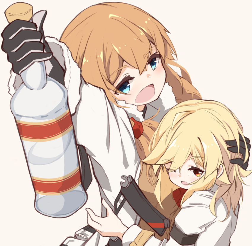 2girls :d arm_up bangs black_gloves blonde_hair blue_eyes blush bottle brown_background brown_hair brown_shirt eyebrows_visible_through_hair eyes_visible_through_hair fur-trimmed_sleeves fur_trim girls_frontline gloves hair_between_eyes highres holding holding_bottle jacket long_hair long_sleeves matsuo_(matuonoie) mosin-nagant_(girls_frontline) multiple_girls nagant_revolver_(girls_frontline) one_eye_closed open_clothes open_jacket open_mouth red_eyes shirt simple_background smile white_jacket white_shirt