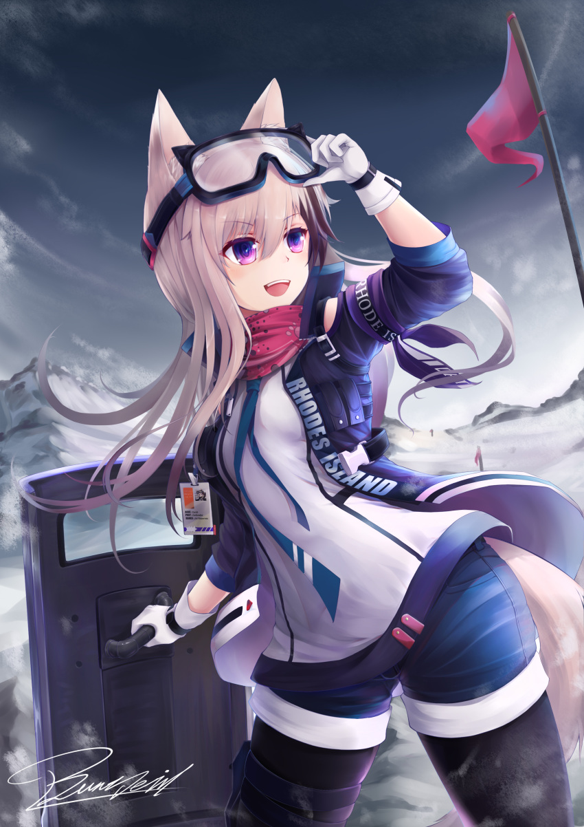 1girl absurdres animal_ears arknights b.d_(472858314) black_jacket black_legwear blue_neckwear blue_shorts breasts brown_hair cardigan_(arknights) cowboy_shot dark_sky dog_ears dog_girl dog_tail flag flagpole gloves goggles goggles_on_head hair_between_eyes hand_on_goggles highres holding holding_shield id_card jacket legwear_under_shorts long_hair looking_to_the_side mountain multicolored_hair necktie open_clothes open_jacket open_mouth outdoors pantyhose pink_hair red_scarf scarf shield shirt shorts signature small_breasts snow solo standing streaked_hair tail violet_eyes white_gloves white_shirt