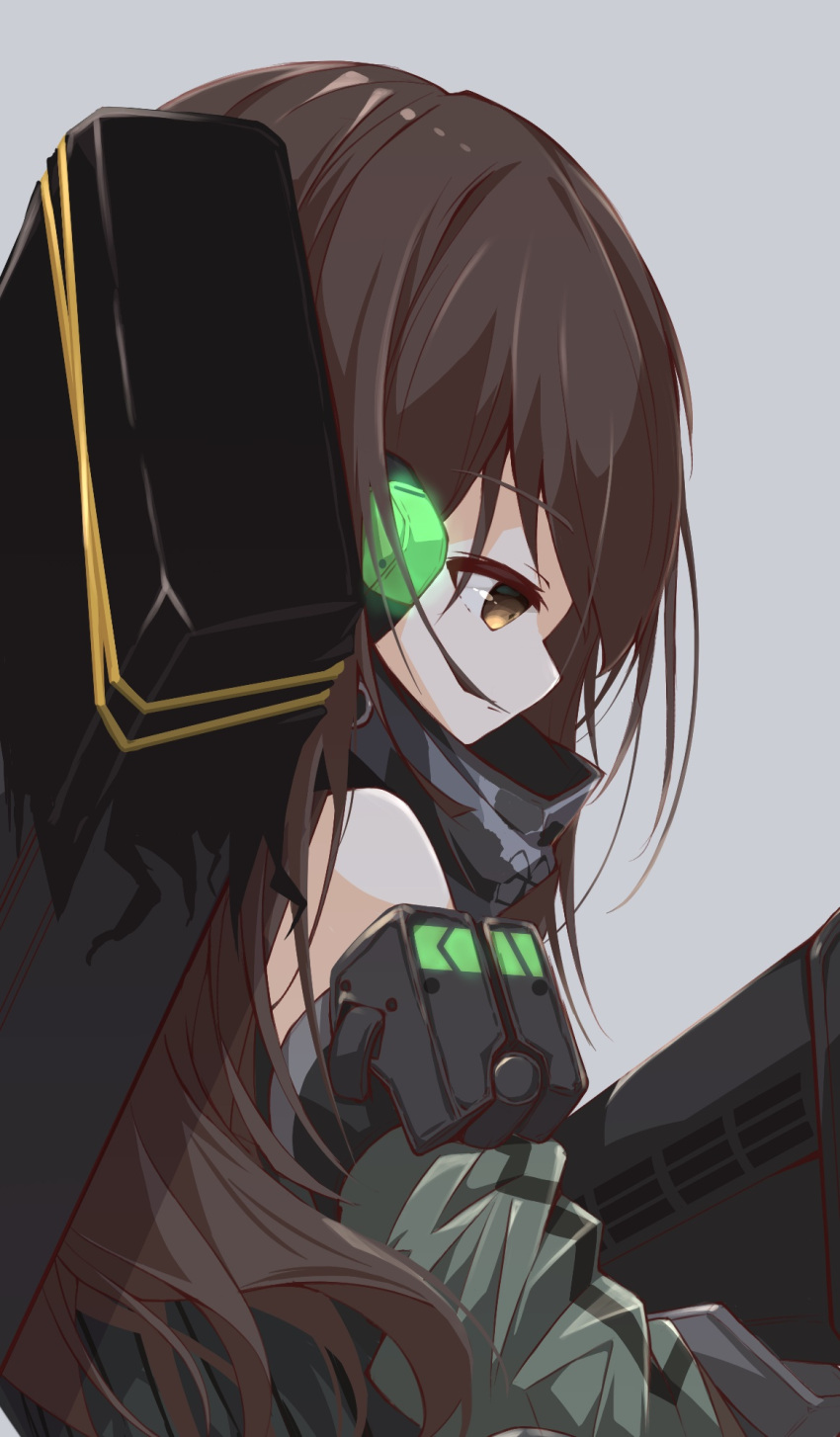 1girl bangs bare_shoulders brown_eyes brown_hair closed_mouth eyebrows_visible_through_hair girls_frontline glowing grey_background headphones highres long_hair long_sleeves m4a1_(girls_frontline) matsuo_(matuonoie) profile simple_background solo upper_body