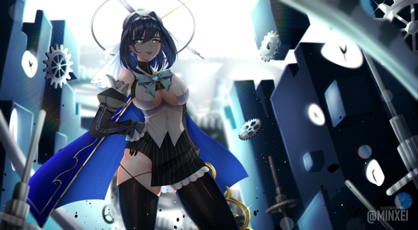 1girl bangs black_hair black_legwear black_skirt blue_bow blue_eyes bow breasts detached_sleeves earrings english_commentary eyebrows_visible_through_hair gears hand_on_hip highres hololive hololive_english jewelry looking_at_viewer minxei ouro_kronii reward_available short_hair skindentation skirt solo thigh-highs thigh_strap under_boob virtual_youtuber