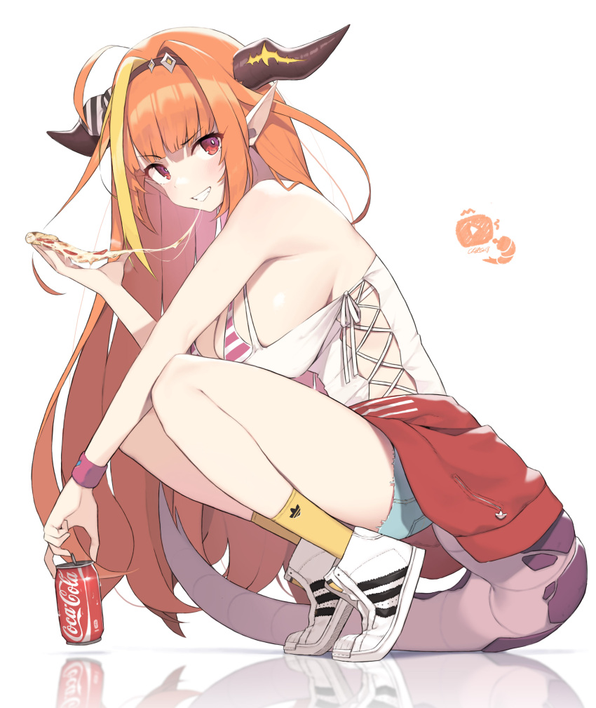 1girl absurdres bangs blonde_hair blunt_bangs breasts can clenched_teeth cloba coca-cola commentary dragon_girl dragon_horns dragon_tail english_commentary eyebrows_visible_through_hair food full_body highres holding holding_can holding_food hololive horns kiryu_coco large_breasts long_hair looking_at_viewer multicolored_hair orange_hair pizza pointy_ears red_eyes reflection shoes simple_background smile solo squatting streaked_hair tail teeth thighs virtual_youtuber white_background white_footwear
