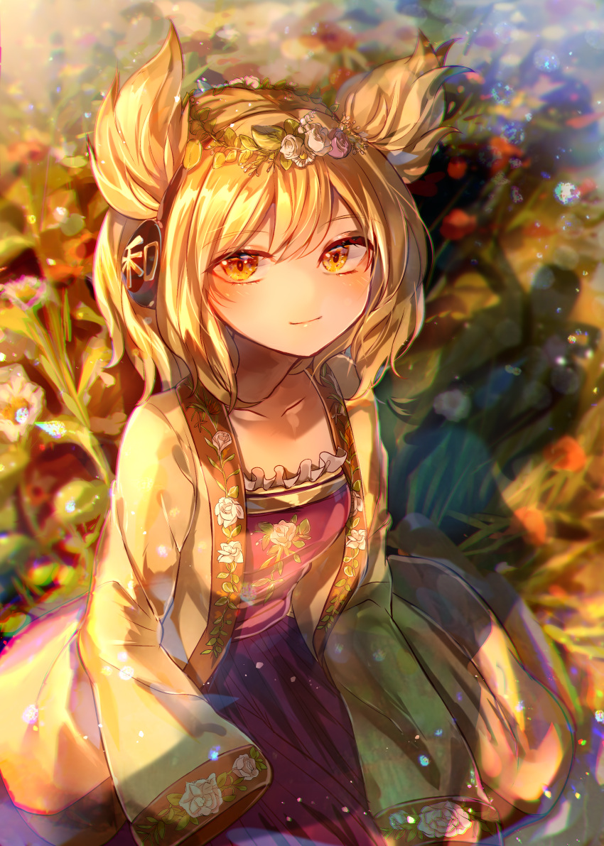 1girl absurdres adapted_costume bangs blonde_hair blush breasts chromatic_aberration closed_mouth collarbone commentary_request earmuffs eyebrows_visible_through_hair floral_print flower flower_wreath frills from_above highres itsumizu light_smile long_sleeves looking_at_viewer medium_hair outdoors pointy_hair sitting sleeves_past_fingers sleeves_past_wrists small_breasts solo touhou toyosatomimi_no_miko wariza white_flower yellow_eyes