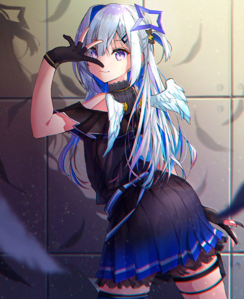 1girl absurdres amane_kanata angel angel_wings asymmetrical_hair bare_shoulders belt black_dress black_gloves black_legwear blue_belt blue_dress blue_hair blue_wings closed_mouth colored_inner_hair dress feathered_wings from_behind from_side gloves gradient gradient_dress gradient_wings hair_ornament hair_over_one_eye hairclip halo highres hololive huge_filesize leaning_forward long_hair looking_at_viewer mini_wings multicolored multicolored_hair multicolored_wings partially_fingerless_gloves pleated_dress shadow short_dress silver_hair single_hair_intake single_thighhigh skindentation smile solo star_halo thigh-highs thigh_pouch two_side_up violet_eyes virtual_youtuber white_wings wings yukario
