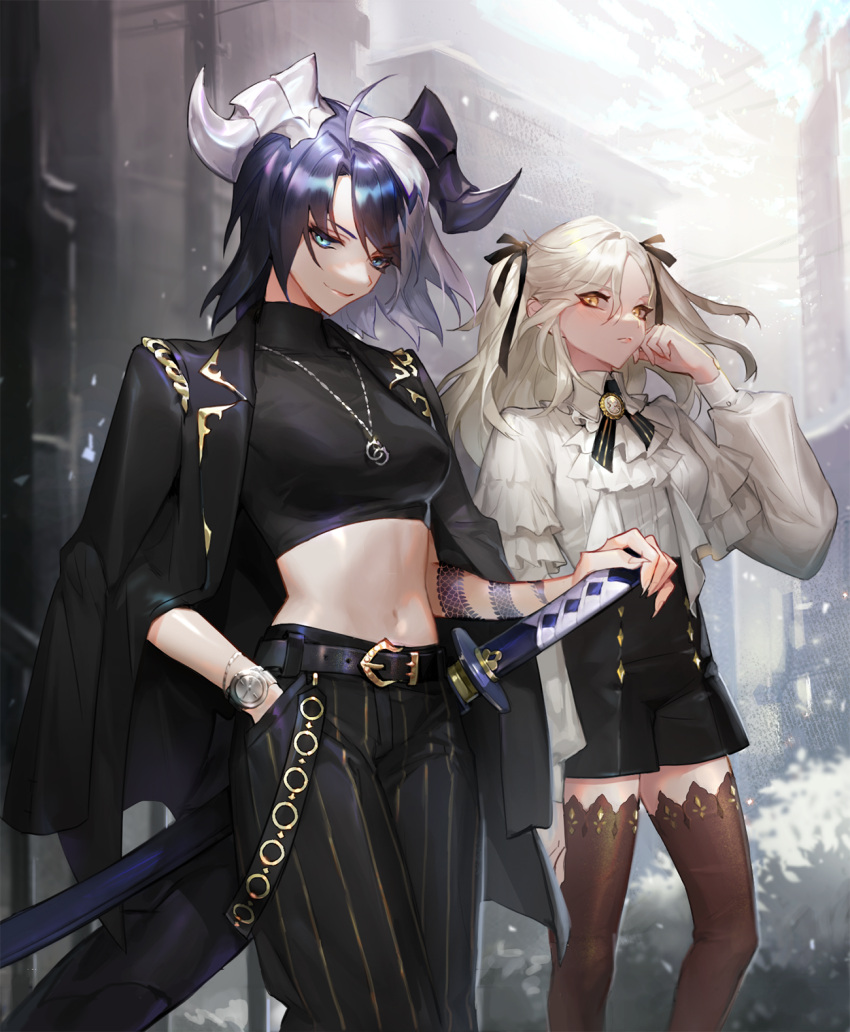 2girls alchemy_stars alternate_costume arm_at_side arm_tattoo bangs belt belt_buckle black_jacket black_legwear black_pants black_ribbon black_shirt black_shorts blue_eyes blue_hair breasts brooch buckle building bush carleen_(alchemy_stars) closed_mouth collared_shirt commentary_request crop_top dragon_tail fingernails frilled_shirt frills gold_trim hair_ribbon hand_in_pocket hand_on_hilt high_collar highres horns jabot jacket jacket_on_shoulders jewelry long_hair long_sleeves looking_at_viewer medium_breasts medium_hair mocca_(mocca_nine) multicolored_hair multiple_girls navel necklace outdoors pants puffy_long_sleeves puffy_sleeves ribbon sharona_(alchemy_stars) sharp_fingernails sheath sheathed shiny shiny_hair shirt shorts smile striped sword tail tattoo thigh-highs turtleneck two-tone_hair vertical-striped_pants vertical_stripes watch watch weapon white_hair white_shirt yellow_eyes