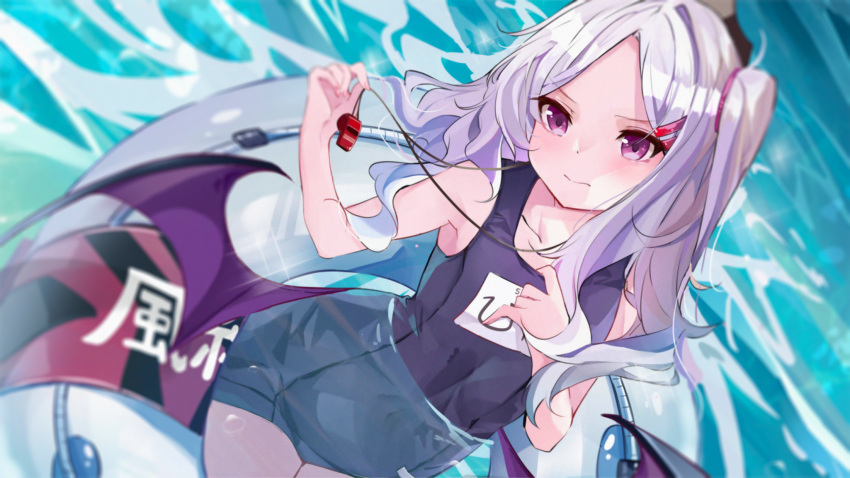 1girl ahoge aru_(blue_archive) bangs blue_archive breasts demon_horns highres hina_(blue_archive) horns kaya_(tyhk7874) long_hair low_wings multiple_horns old_school_swimsuit parted_bangs purple_horns school_swimsuit small_breasts solo swimsuit violet_eyes whistle whistle_around_neck white_hair wings