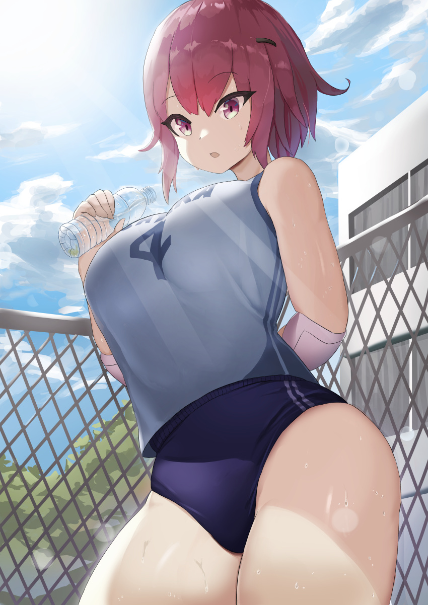 1girl absurdres arm_behind_back blue_sky bottle breasts building buruma eyebrows_visible_through_hair fence gym_uniform hair_ornament hairclip highres holding holding_bottle huge_filesize large_breasts looking_at_viewer original outdoors parted_lips pecopecoro plant red_eyes redhead short_hair sky sunlight sweat thighs tree volleyball water_bottle
