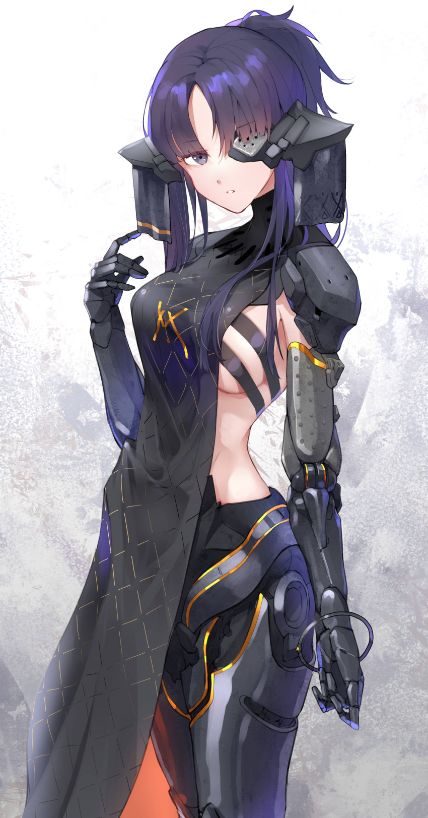 1girl absurdres angelia_(girls_frontline) apple_field bangs black_dress blunt_bangs breasts commentary_request commission cosplay dress eyebrows eyebrows_visible_through_hair girls_frontline grey_background grey_eyes hand_up head_tilt headgear highres legs_together long_hair looking_at_viewer mechanical_arms mechanical_hands mechanical_legs medium_breasts midriff midriff_peek nyto_(girls_frontline) nyto_adeline_(girls_frontline) nyto_adeline_(girls_frontline)_(cosplay) open_clothes open_dress ponytail purple_hair shiny shiny_hair sideboob sidelocks skeb_commission solo staring strap two-tone_background white_background