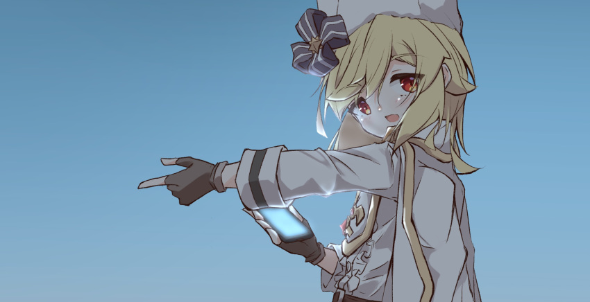 1girl blonde_hair blue_sky brown_gloves cellphone center_frills fingerless_gloves frills from_side fur_hat girls_frontline gloves hat highres holding holding_phone long_sleeves looking_at_viewer looking_to_the_side matsuo_(matuonoie) nagant_revolver_(girls_frontline) open_mouth outstretched_arm phone red_eyes shirt sky solo upper_body white_headwear white_shirt
