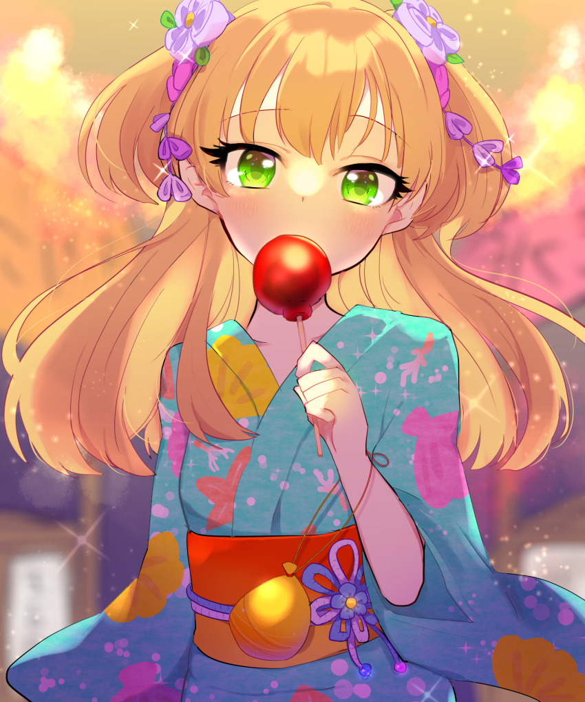 1girl blonde_hair blurry blush candy candy_apple collarbone covered_mouth depth_of_field eyebrows_visible_through_hair flower food glint green_eyes hair_flower hair_ornament highres holding holding_candy holding_food idolmaster idolmaster_cinderella_girls idolmaster_cinderella_girls_starlight_stage japanese_clothes jougasaki_rika kawahara_chisato kimono looking_at_viewer print_kimono solo summer_festival two_side_up upper_body