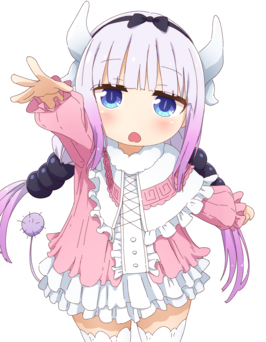 1girl absurdres bangs beads blue_eyes blunt_bangs blush capelet cowboy_shot dragon_girl dragon_horns dress eyebrows_visible_through_hair hair_beads hair_ornament highres horns kanna_kamui kobayashi-san_chi_no_maidragon long_hair long_sleeves low_twintails open_mouth pink_dress purple_hair short_dress simple_background solo tail thigh-highs twintails white_background white_capelet white_legwear yaaben