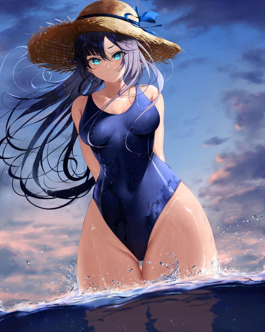 1girl arms_behind_back ass_visible_through_thighs bangs bare_shoulders blue_eyes blue_ribbon blue_swimsuit breasts closed_mouth clouds cloudy_sky commentary covered_navel dusk eyebrows_visible_through_hair eyelashes floating_hair genshin_impact groin hair_between_eyes hat hat_ribbon highres long_hair looking_at_viewer medium_breasts mona_(genshin_impact) one-piece_swimsuit outdoors ribbon sky solo straw_hat swimsuit thick_thighs thigh_gap thighs v-shaped_eyebrows wading water wet wet_clothes wet_hair wet_swimsuit wide_hips wind xi_ying