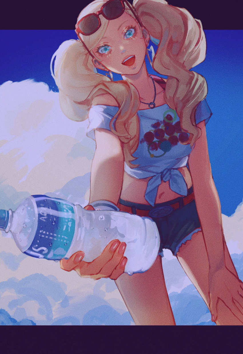1girl alternate_costume blonde_hair blue_eyes clouds earrings highres jewelry necklace persona persona_5 plastic_bottle sageo_yn shirt short_shorts shorts sunglasses takamaki_anne twintails white_shirt