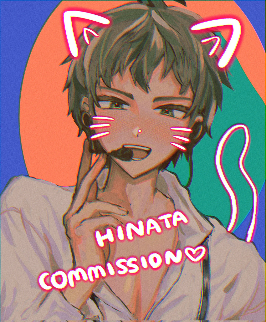 1boy animal_ears bangs blue_background blush brown_eyes brown_hair character_name commentary_request commission dangan_ronpa_(series) dangan_ronpa_2:_goodbye_despair fake_animal_ears fake_tail fake_whiskers green_background green_eyes grey_shirt hand_up headset heart highres hinata_hajime jeong_geun_i long_sleeves looking_at_viewer male_focus open_mouth red_background shirt short_hair smile solo tail upper_body