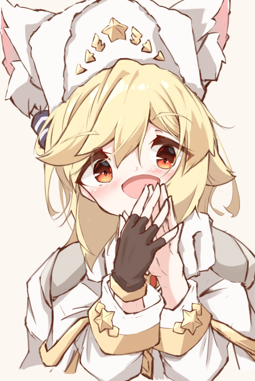 1girl :d animal_ear_fluff animal_ears animal_hands bangs black_gloves blonde_hair blush brown_background cape eyebrows_visible_through_hair fake_animal_ears fingerless_gloves fur_hat girls_frontline gloves hair_between_eyes hands_up hat highres long_sleeves looking_at_viewer matsuo_(matuonoie) nagant_revolver_(girls_frontline) open_mouth red_eyes shirt simple_background single_glove smile solo steepled_fingers white_cape white_headwear white_shirt