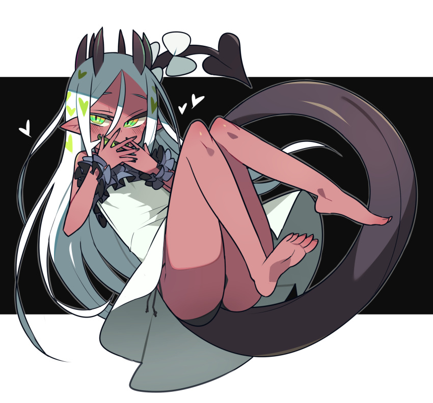1girl ass bangs bare_legs bare_shoulders barefoot black_background black_panties black_scrunchie black_tail bow colored_tongue commentary_request covering_mouth dark-skinned_female dark_skin demon_tail dress fang feet flat_chest frilled_dress frills full_body green_eyes green_hair green_tongue hair_between_eyes hands_up heart highres horns knees_up kometsubu letterboxed long_hair looking_at_viewer multicolored_hair multiple_horns open_mouth original outside_border panties parted_bangs pointy_ears scrunchie side-tie_panties sleeveless sleeveless_dress slit_pupils smile smug soles solo tail tail_bow tail_ornament toes underwear very_long_hair white_bow white_dress white_hair wrist_scrunchie