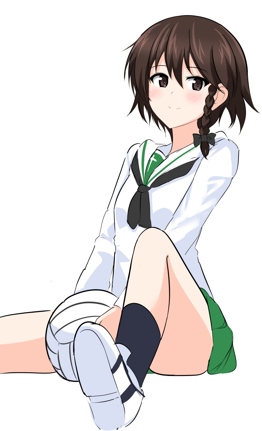 1girl absurdres aikir_(jml5160) alternate_hairstyle ball bangs black_legwear black_neckwear black_ribbon blouse blush braid brown_eyes brown_hair closed_mouth commentary girls_und_panzer green_skirt hair_ribbon highres holding holding_ball isobe_noriko long_sleeves looking_at_viewer miniskirt neckerchief ooarai_school_uniform pleated_skirt ribbon sailor_collar school_uniform serafuku shoes short_hair side_braid simple_background sitting skirt smile socks solo uwabaki volleyball white_background white_blouse white_footwear white_sailor_collar