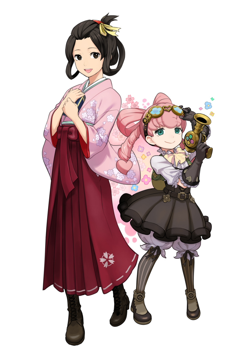 2girls black_footwear black_gloves black_hair black_legwear black_skirt blue_eyes boots closed_mouth dai_gyakuten_saiban gloves goggles goggles_on_head gyakuten_saiban hair_ribbon hair_rings hakama hands_up highres holding iris_watson japanese_clothes kimono looking_at_viewer mikami mikotoba_susato multiple_girls open_mouth pants pink_hair pink_kimono red_hakama ribbon shirt shoes short_hair short_sleeves simple_background skirt smile socks twintails updo white_background white_pants white_shirt wide_sleeves yellow_ribbon
