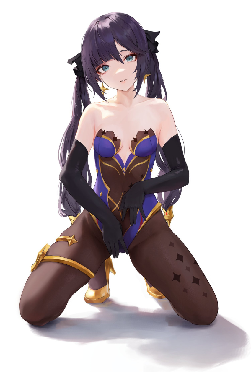 1girl bangs bare_shoulders black_gloves black_hair black_legwear bodystocking breasts earrings elbow_gloves eyebrows_visible_through_hair full_body genshin_impact gloves green_eyes high_heels highres hiki_niito jewelry kneeling leotard long_hair looking_at_viewer mona_(genshin_impact) no_nose pantyhose parted_lips purple_leotard shadow simple_background solo sparkle_print thighlet twintails white_background