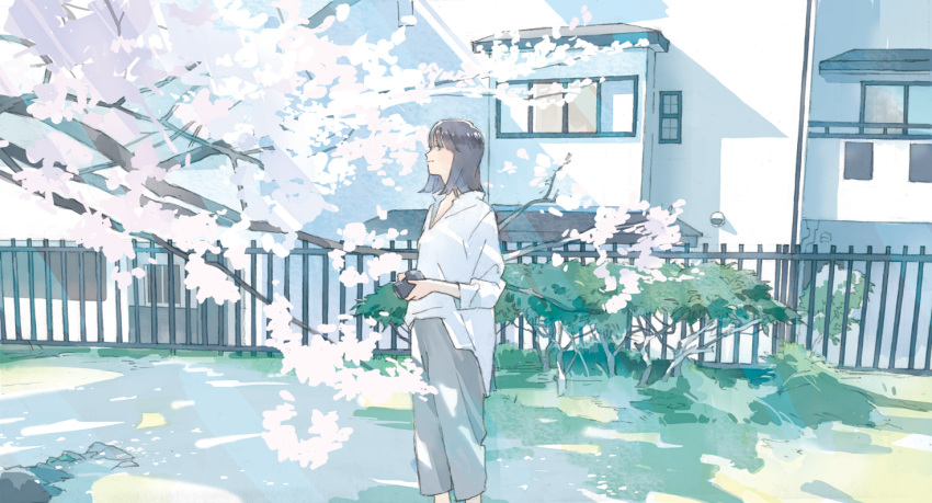 1girl black_hair branch building bush camera cherry_blossoms closed_mouth commentary_request feet_out_of_frame grass grey_pants holding holding_camera light_smile long_sleeves medium_hair original outdoors pants railing shirt solo standing tree wamizu white_shirt window