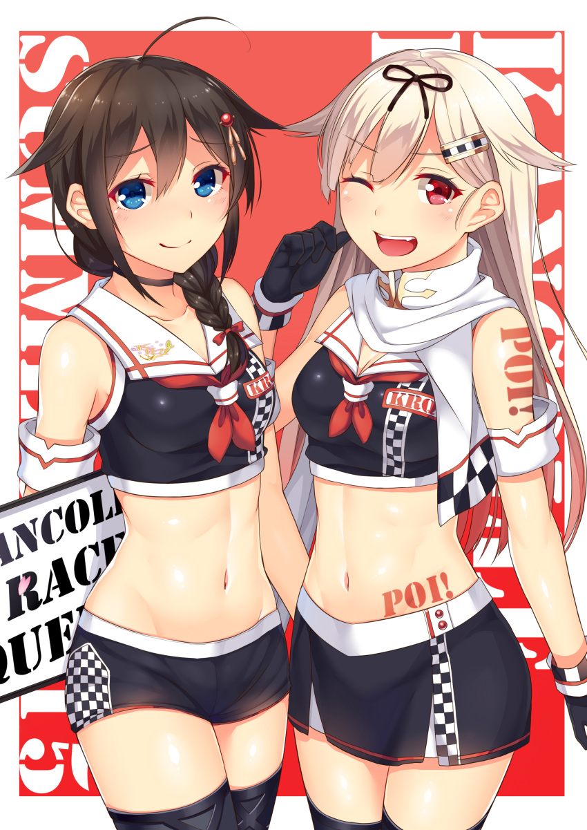 2girls absurdres adapted_costume ahoge black_gloves blonde_hair blue_eyes blush body_writing braid breasts brown_hair catchphrase checkered choker closed_mouth collarbone gloves hair_flaps hair_ornament hair_ribbon hairclip highres holding horosuke kantai_collection long_hair looking_at_viewer medium_breasts midriff miniskirt multiple_girls navel one_eye_closed open_mouth poi racequeen red_background red_eyes remodel_(kantai_collection) ribbon scarf school_uniform serafuku shigure_(kancolle) shiny shiny_hair shiny_skin short_shorts shorts simple_background single_braid skirt smile stomach tattoo thigh-highs tied_hair yuudachi_(kancolle) zettai_ryouiki
