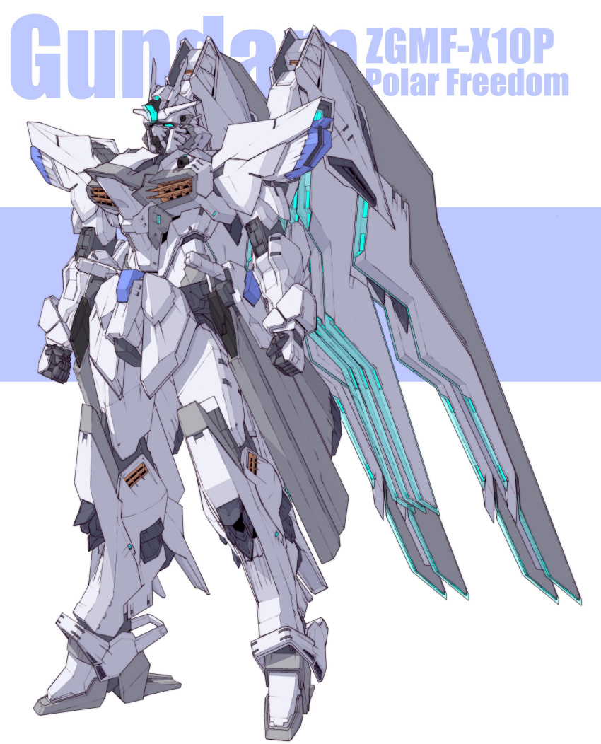 absurdres blue_eyes character_name clenched_hands freedom_gundam gundam gundam_seed highres looking_up mecha mobile_suit no_humans redesign science_fiction solo v-fin ztb0000