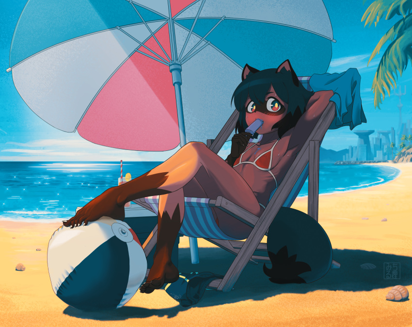 1girl absurdres animal_ears animal_nose arm_behind_head armpits artist_name ball beach beach_chair beach_umbrella beachball bikini black_hair blue_eyes blue_hair blue_sky blush body_fur brand_new_animal breasts clouds commentary cup day drinking_straw feet food food_in_mouth full_body furry furry_female highres holding huge_filesize kagemori_michiru looking_at_viewer melting michirutnk micro_bikini multicolored multicolored_eyes multicolored_hair ocean outdoors palm_tree pink_eyes popsicle raccoon_ears raccoon_girl raccoon_tail red_bikini sand shell sitting sky small_breasts solo sweat sweatdrop swimsuit tail tanuki towel tree two-tone_hair umbrella water