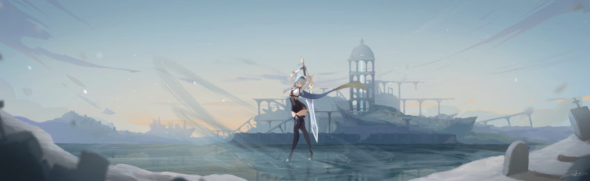 1girl absurdres ame999 blue_hair breasts clouds eula_(genshin_impact) full_body genshin_impact headband highres huge_filesize incredibly_absurdres lake medium_breasts mountain mountainous_horizon outdoors ruins scenery sky solo sword two-handed_sword wallpaper_forced water weapon wide_shot