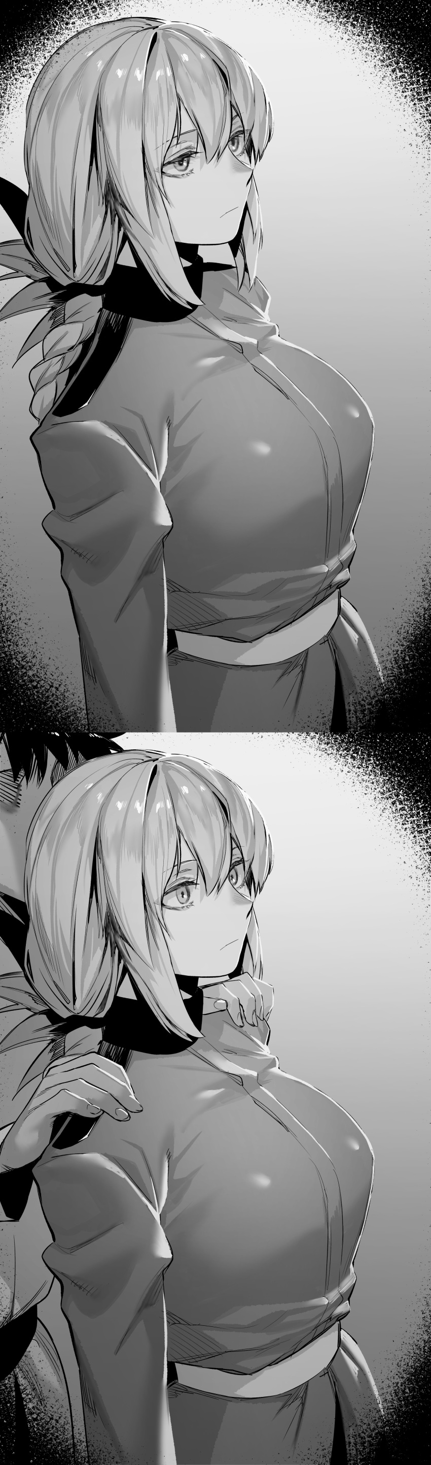 1boy 1girl absurdres braid breasts closed_mouth fate/grand_order fate_(series) florence_nightingale_(fate) fujimaru_ritsuka_(male) greyscale hair_between_eyes hands_on_another's_shoulders highres hxd large_breasts long_sleeves monochrome
