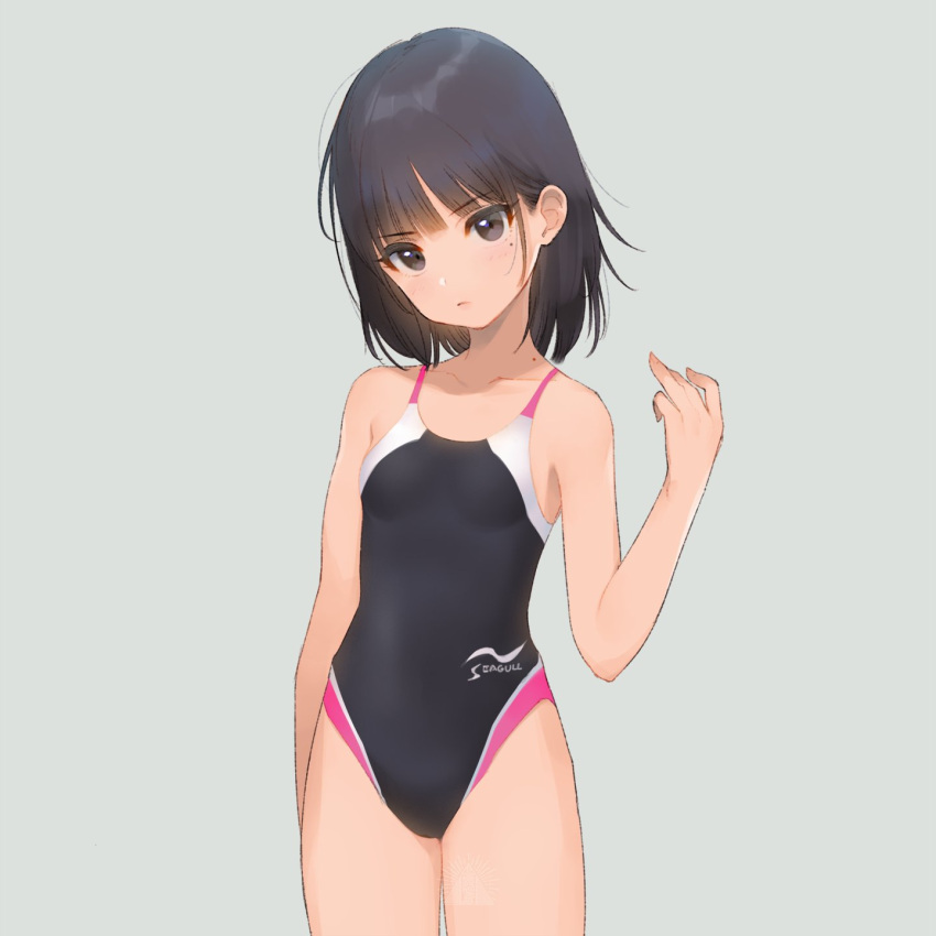 1girl aihara_shouta black_hair brown_eyes clothes_writing commentary_request competition_swimsuit cowboy_shot flat_chest grey_background head_tilt highleg highleg_swimsuit highres looking_at_viewer multicolored multicolored_clothes multicolored_swimsuit one-piece_swimsuit original short_hair simple_background solo standing swimsuit translation_request