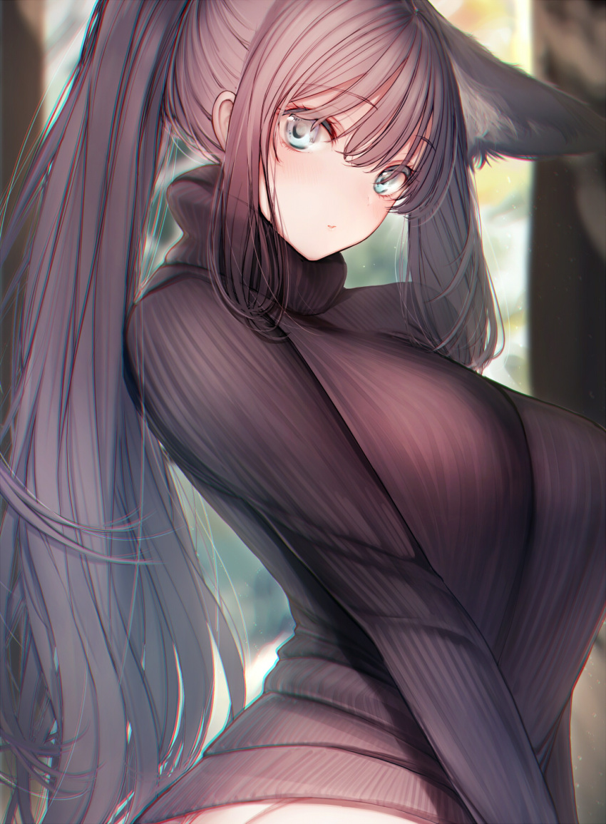 1girl :o amane_ruri animal_ears aqua_eyes breasts eyebrows_visible_through_hair from_side highres large_breasts looking_at_viewer original panties ponytail ribbed_sweater solo sweater turtleneck turtleneck_sweater underwear upper_body