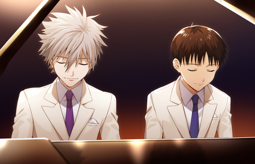 11kkr 2boys bangs black_background blue_neckwear brown_hair closed_eyes closed_mouth formal happy ikari_shinji instrument multiple_boys music nagisa_kaworu necktie neon_genesis_evangelion piano playing playing_instrument playing_piano purple_neckwear shiny short_hair simple_background sitting smile suit white_hair white_suit