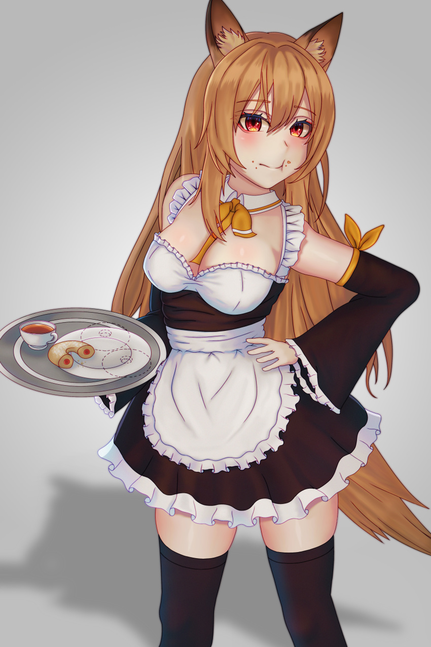 1girl absurd_fox absurdres alternate_costume animal_ears arknights bangs blush brown_hair ceobe_(arknights) dog_ears eyebrows_visible_through_hair highres huge_filesize long_hair maid red_eyes self_upload simple_background solo thigh-highs very_long_hair