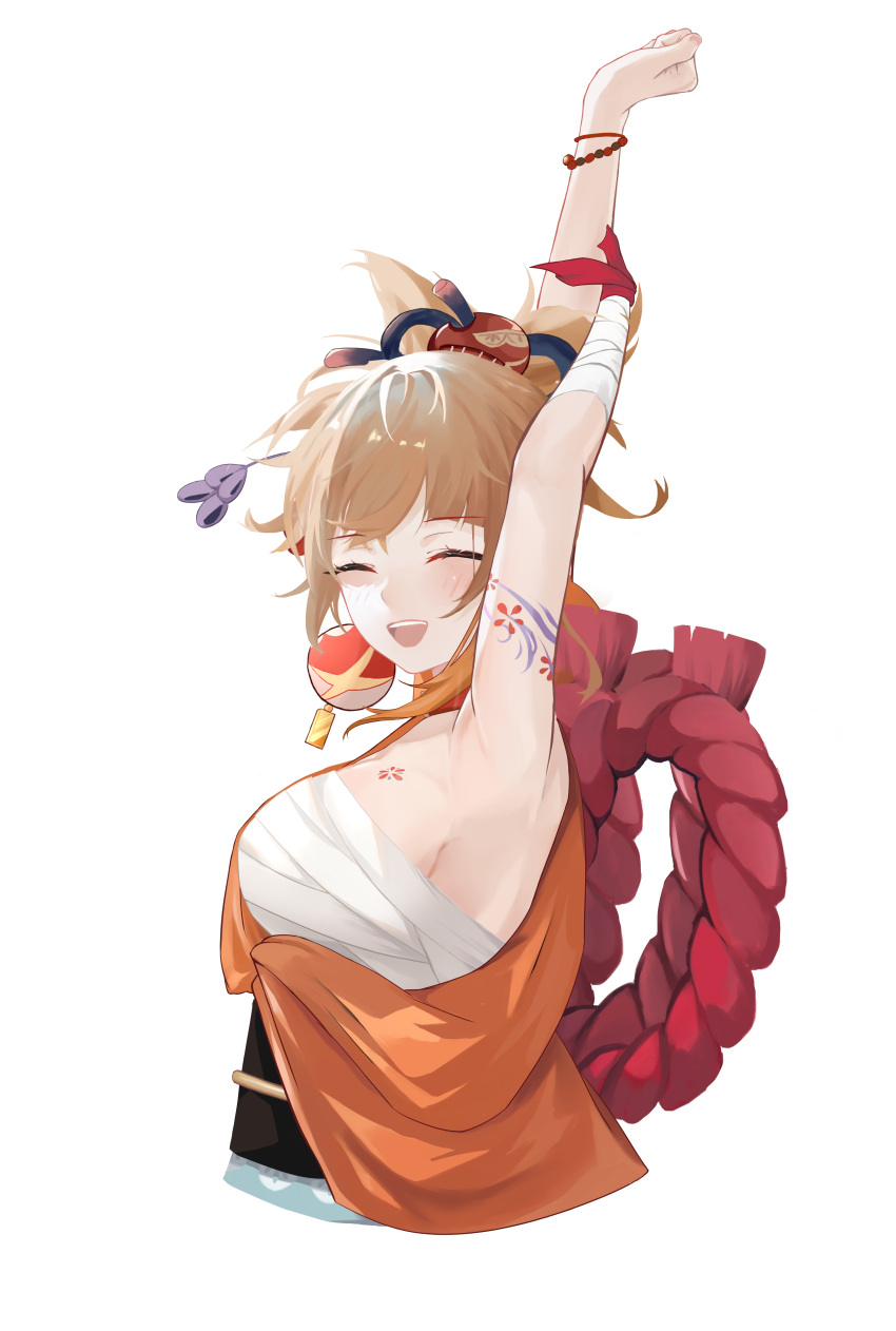 1girl absurdres armpits arms_up bandages blonde_hair blush breasts choker fingerless_gloves full_body genshin_impact gloves happy highres japanese_clothes kimono looking_at_viewer open_mouth orange_kimono sarashi simple_background smile solo stretch tattoo tied_hair white_background xiaobei yoimiya_(genshin_impact)