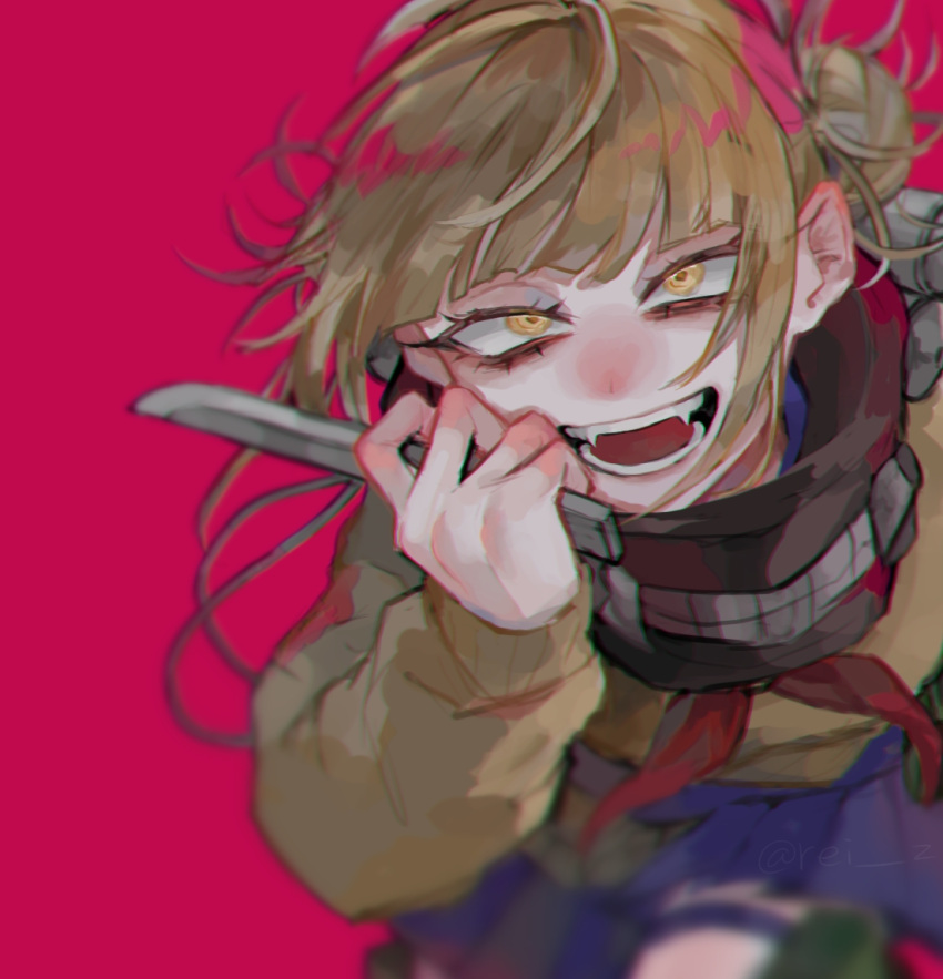 1girl :d bags_under_eyes bangs black_bandana blonde_hair blue_sky blunt_bangs blurry blush boku_no_hero_academia cardigan commentary depth_of_field double_bun eyelashes fang fangs hair_up holding holding_knife holding_weapon knife long_sleeves looking_at_viewer messy_hair narrowed_eyes neckerchief nose_blush open_mouth pleated_skirt red_background red_neckwear rei_su sanpaku school_uniform serafuku simple_background skirt sky smile solo teeth toga_himiko weapon yellow_cardigan yellow_eyes