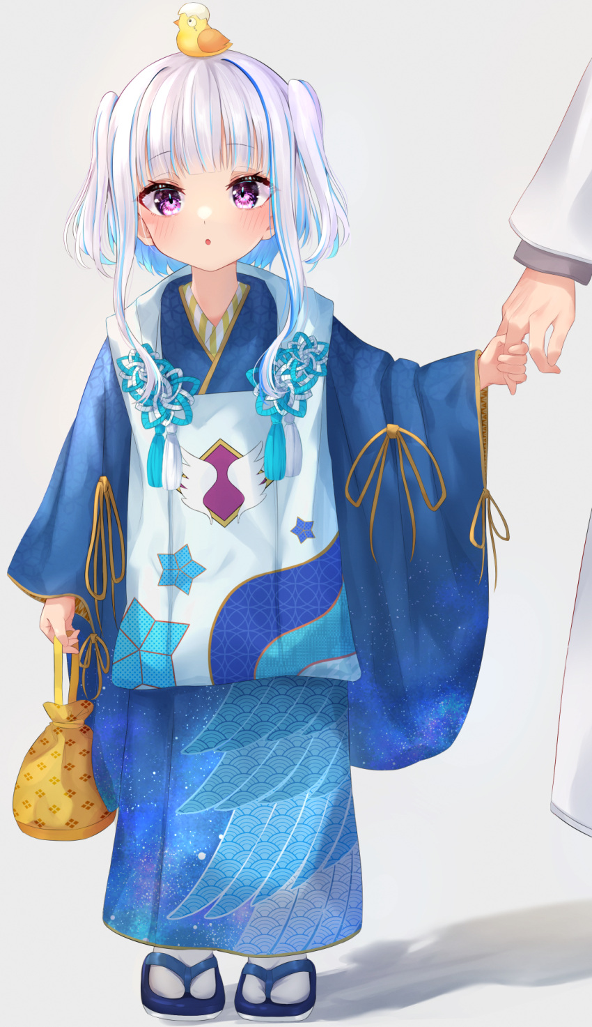 1girl :o animal_on_head bag bangs blue_footwear blue_hair blue_kimono blunt_bangs blush colored_inner_hair commentary_request eyebrows_visible_through_hair full_body highres holding holding_bag holding_finger japanese_clothes kimono lize_helesta long_hair long_sleeves looking_at_viewer multicolored_hair nenehotoso nijisanji on_head out_of_frame print_kimono sandals sebastian_piyodore sidelocks solo_focus standing starry_sky_print streaked_hair tabi two_side_up violet_eyes virtual_youtuber white_hair white_legwear wide_sleeves younger