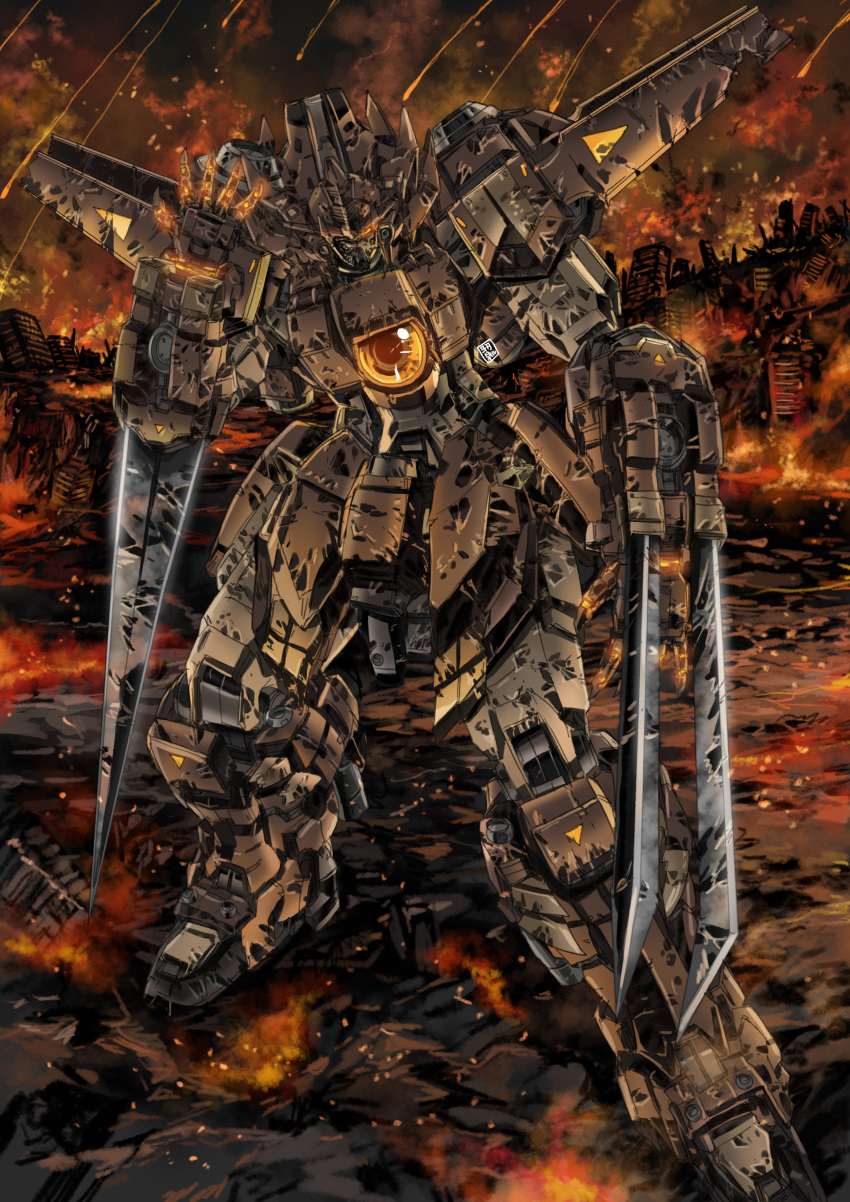 absurdres clenched_hand damaged fire garimpeiro glowing glowing_eye highres leaning_to_the_side looking_at_viewer mecha no_humans open_hand orange_eyes original science_fiction solo standing