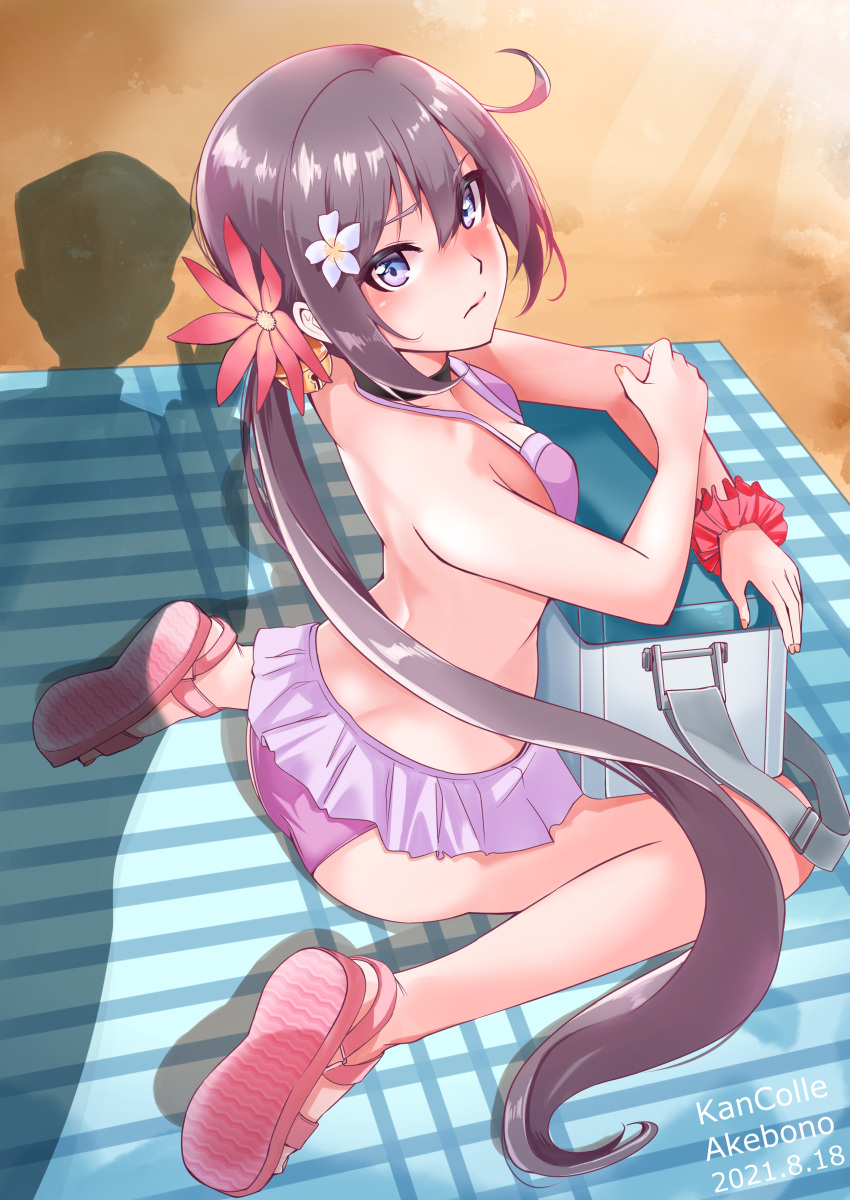 1boy 1girl absurdres admiral_(kancolle) ahoge akebono_(kancolle) bangs beach_towel bell bikini blush breasts character_name closed_mouth cooler copyright_name dated day flower hair_bell hair_between_eyes hair_flower hair_ornament highres kantai_collection logical long_hair official_alternate_costume outdoors pink_bikini pink_flower pink_footwear ponytail purple_hair sandals scrunchie shadow side_ponytail sitting small_breasts swimsuit towel very_long_hair white_flower wrist_scrunchie