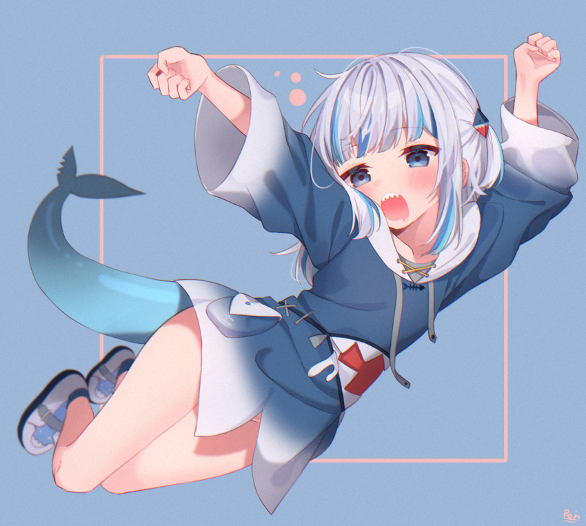1girl bangs blue_eyes blue_hair blue_hoodie blunt_bangs blurry bottomless clenched_hands depth_of_field fish_tail full_body gawr_gura hair_ornament highres hololive hololive_english hood hood_down hoodie long_hair long_sleeves multicolored_hair no_panties roin shark_girl shark_hair_ornament shark_tail sharp_teeth shoes silver_hair sneakers solo streaked_hair stretch tail teeth two_side_up virtual_youtuber white_footwear wide_sleeves yawning