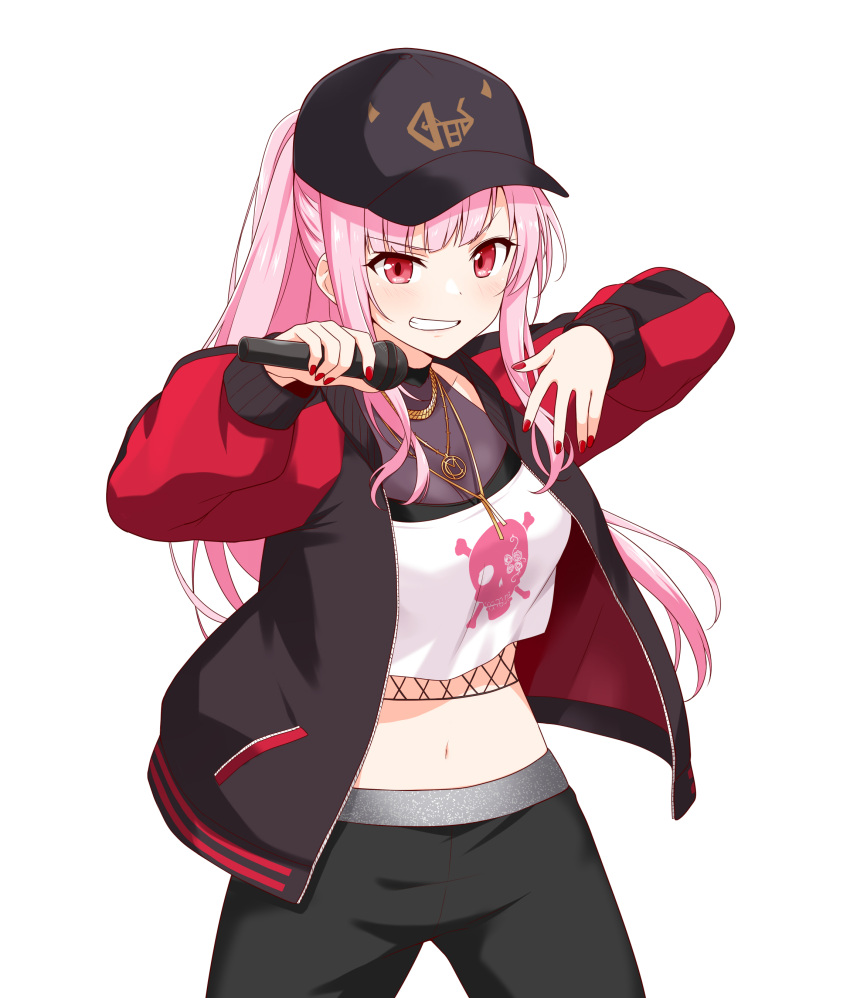 1girl absurdres baseball_cap black_headwear black_jacket black_pants breasts cowboy_shot crop_top felutiahime fingernails grin hat highres holding holding_microphone hololive hololive_english jacket jewelry large_breasts letterman_jacket long_hair looking_at_viewer microphone midriff mori_calliope nail_polish navel necklace open_clothes open_jacket pants pink_hair raglan_sleeves red_eyes red_nails red_sleeves see-through simple_background smile solo virtual_youtuber white_background
