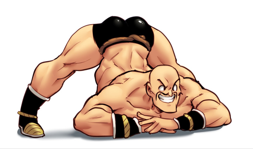1boy ass bald black_shorts boots collarbone commentary dragon_ball english_commentary facial_hair furrowed_brow grin guilty_gear jack-o'_challenge looking_at_viewer male_focus manly meme muscular mustache nappa nortuet shirtless shorts smile solo thick_thighs thighs top-down_bottom-up v-shaped_eyebrows