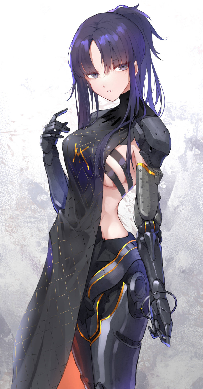 1girl absurdres angelia_(girls_frontline) apple_field bangs black_dress blunt_bangs breasts commentary_request commission cosplay dress eyebrows eyebrows_visible_through_hair girls_frontline grey_background grey_eyes hand_up head_tilt highres legs_together long_hair looking_at_viewer mechanical_arms mechanical_hands mechanical_legs medium_breasts midriff midriff_peek nyto_(girls_frontline) nyto_adeline_(girls_frontline) nyto_adeline_(girls_frontline)_(cosplay) open_clothes open_dress ponytail purple_hair shiny shiny_hair sideboob sidelocks skeb_commission solo staring strap two-tone_background white_background