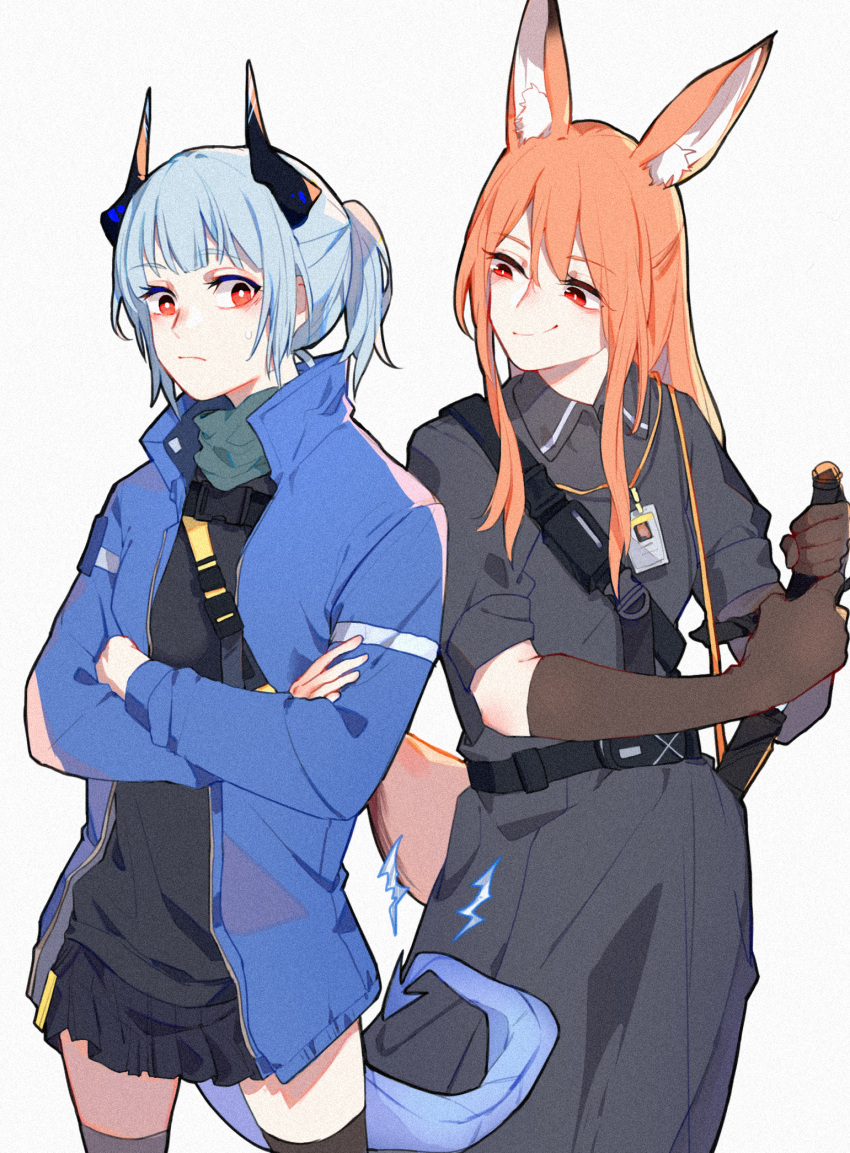 2girls animal_ear_fluff animal_ears arknights belt black_dress black_legwear black_shirt black_skirt blue_hair blue_jacket brown_gloves chinese_commentary closed_mouth commentary_request cowboy_shot crossed_legs dragon_horns dragon_tail dress elbow_gloves electricity eyebrows_visible_through_hair fox_ears fox_tail franka_(arknights) gloves green_scarf grey_background highres holding holding_sword holding_weapon horns id_card jacket liskarm_(arknights) long_hair long_sleeves looking_at_another multiple_girls ponytail red_eyes scarf shirt simple_background skirt smile sweatdrop sword tail thigh-highs weapon xiao_lu