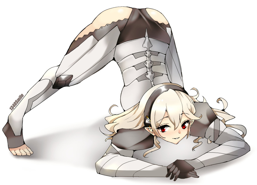 1340smile 1girl absurdres armor artist_name black_gloves black_hairband commentary corrin_(fire_emblem) corrin_(fire_emblem)_(female) fire_emblem gloves grin guilty_gear hair_between_eyes hairband highres jack-o'_challenge long_hair looking_at_viewer manakete meme platinum_blonde_hair pointy_ears red_eyes simple_background smile solo toeless_legwear top-down_bottom-up twitter_username white_background