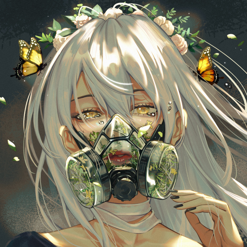 1girl bangs black_nails bug butterfly butterfly_on_hand caaaaarrot flower_wreath hair_between_eyes hand_up head_wreath highres insect long_hair nail_polish original parted_lips portrait red_lips respirator solo tearing_up white_hair wind yellow_eyes