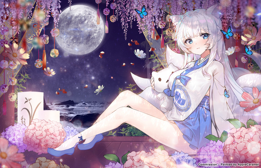 1girl animal_ears apple_caramel bangs beach blue_eyes blunt_bangs breasts bug butterfly candle commentary eyebrows_visible_through_hair flower fox_ears fox_girl fox_tail full_moon highres horizon insect korean_clothes kumiho kyuubi large_breasts long_hair long_sleeves looking_at_viewer moon multiple_tails night night_sky ocean original petals pleated_skirt seiza sidelocks sitting skirt sky solo star_(sky) starry_sky stuffed_animal stuffed_cat stuffed_toy symbol-only_commentary tail white_hair wooden_floor